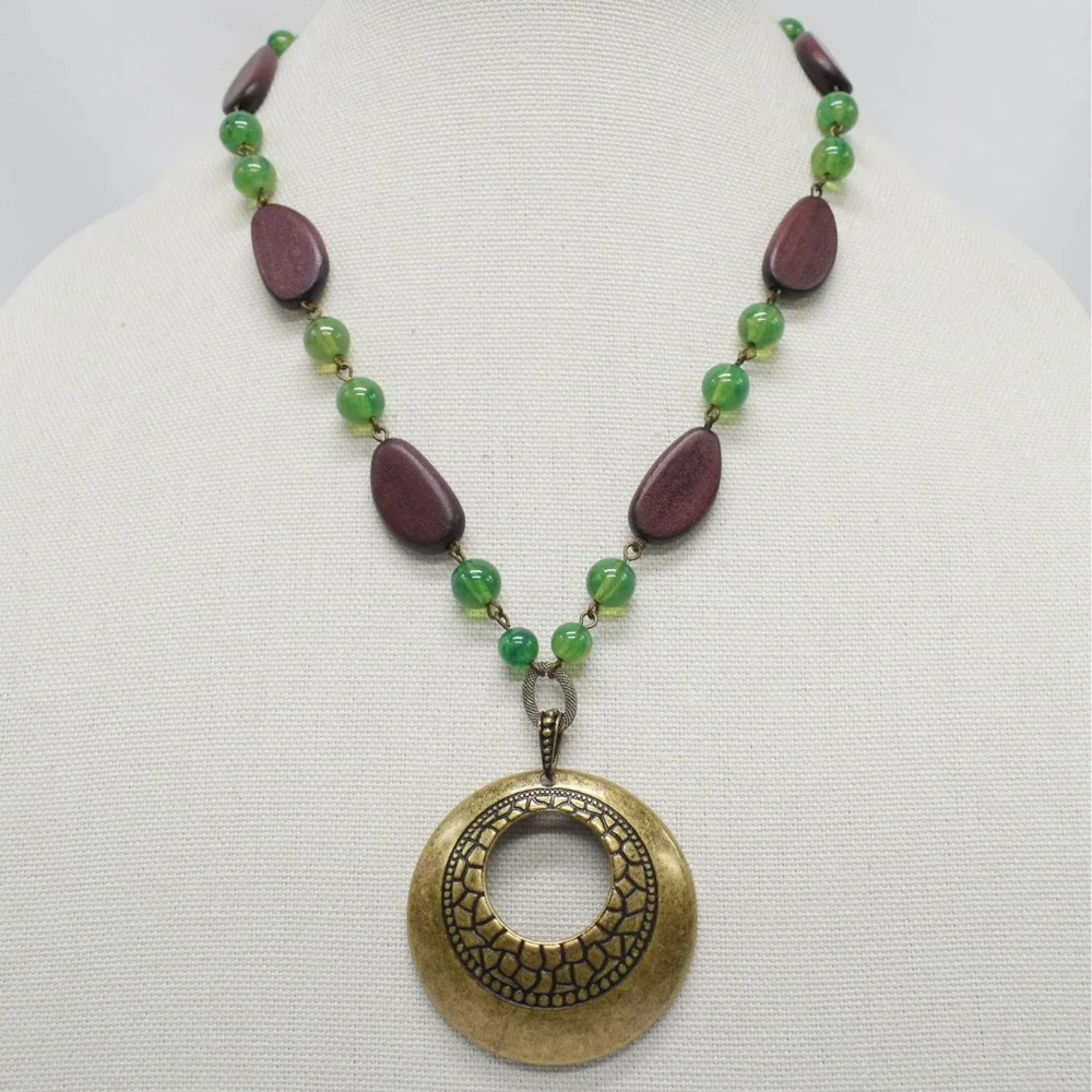 Disc Pendant Necklace Women OS Green Brown Boho Earthy Gorpcore
